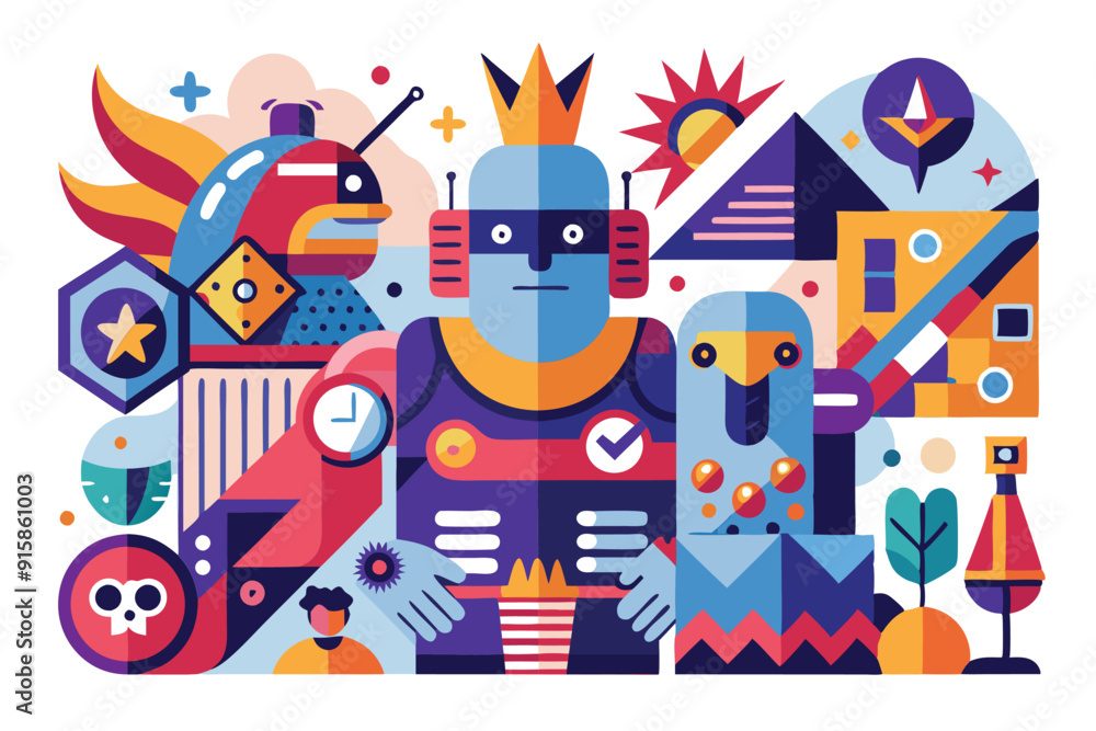 Two stylized characters stand amidst abstract shapes and designs, embodying creativity in a vivid, imaginative landscape filled with dynamic elements Two stylized characters stand amidst abstract shapes and designs, embodying creativity in a vivid, imaginative landscape filled with dynamic elements