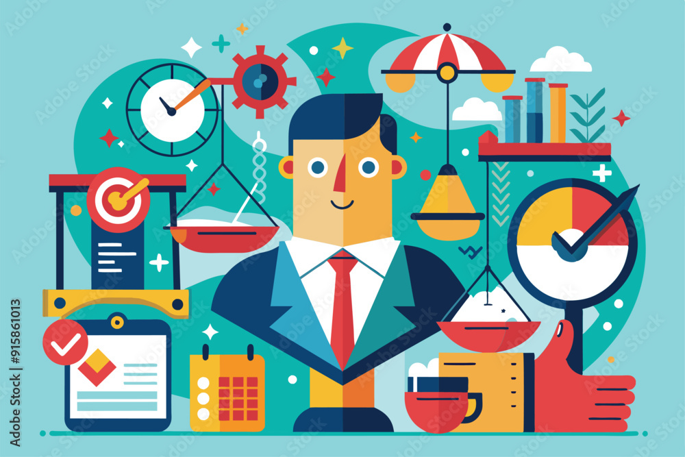 A colorful abstract composition featuring symbols of balance, measurement, and productivity in a professional setting, highlighting creativity and structure A colorful abstract composition featuring symbols of balance, measurement, and productivity in a professional setting, highlighting creativity and structure