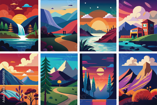 A stunning collection showcasing abstract landscapes with mountains, waterfalls, and sunsets, capturing the beauty of nature in vibrant colors and styles