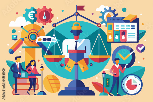 A creative illustration showcases a balance symbolizing justice, surrounded by figures engaging in various activities related to law and order