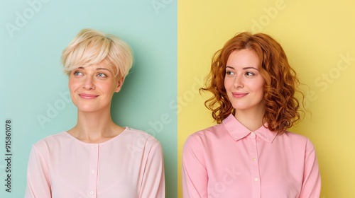 Portrait of Two Women with Different Hair Colors in Pastel Backgrounds, Ideal for Fashion and Lifestyle Blogs, Marketing Materials, and Advertisements, Perfect for Banners and Editorial Use with Ample