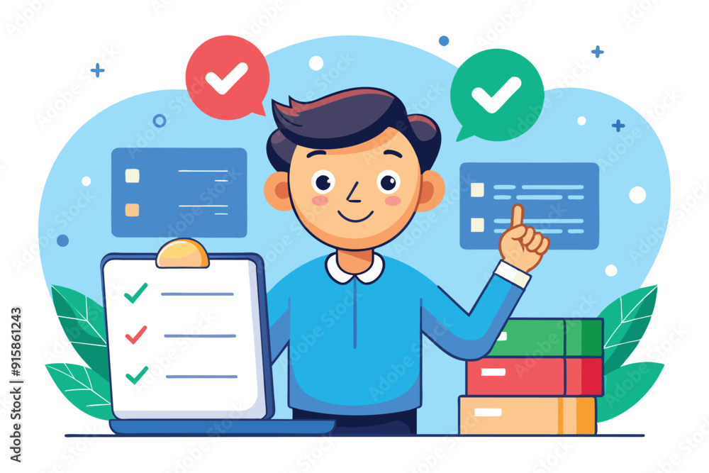 A young man stands at a desk with a checklist, showing approval gestures while surrounded by colorful boxes and digital task boards A young man stands at a desk with a checklist, showing approval gestures while surrounded by colorful boxes and digital task boards