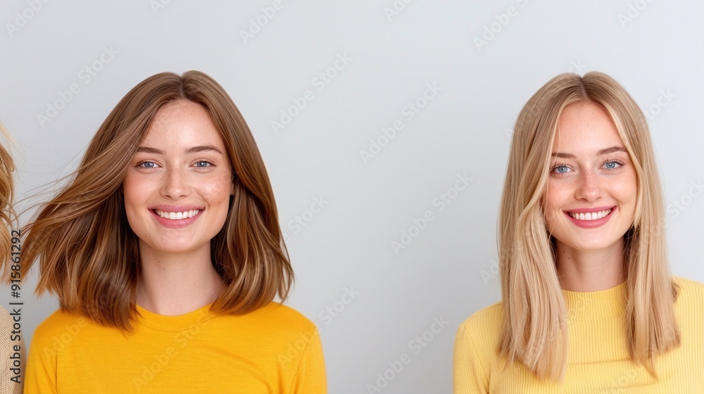Portrait of Two Smiling Young Women in Yellow Sweaters, Light and Bright Design on Blue Background, Perfect for Friendship-Themed Social Media, Marketing Campaigns, and Lifestyle Branding
Portrait of Two Smiling Young Women in Yellow Sweaters, Light and Bright Design on Blue Background, Perfect for Friendship-Themed Social Media, Marketing Campaigns, and Lifestyle Branding