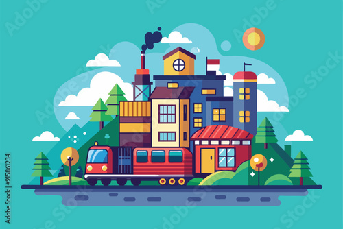 A train travels through a lively city filled with colorful buildings, trees, and a bright sun shining in the sky