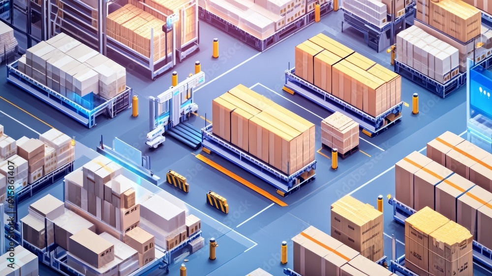 Warehouse with packed boxes and automated logistics system Warehouse with packed boxes and automated logistics system