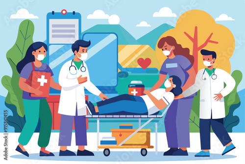 Medical professionals assist a patient on a stretcher while another person provides necessary supplies in a healthcare environment