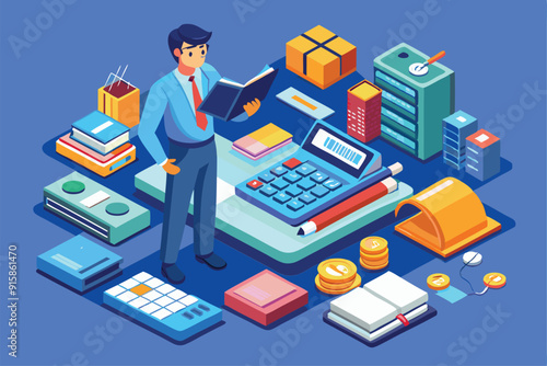 An accountant reviews financial documents surrounded by essential tools and organizational materials in a modern office space