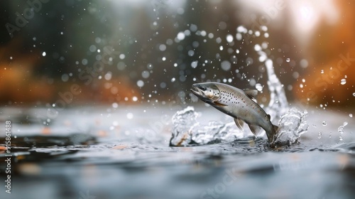Fisherman Casting Into a River at Sunrise in Autumn