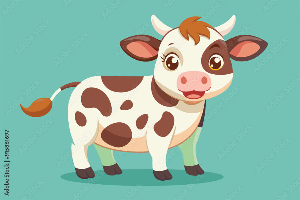 A delightful dairy cow stands cheerfully, showcasing its friendly features and playful demeanor against a soothing backdrop A delightful dairy cow stands cheerfully, showcasing its friendly features and playful demeanor against a soothing backdrop