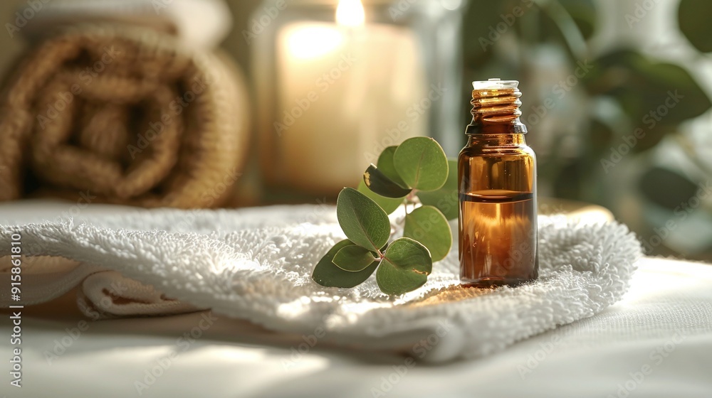 Minimalist Bottle of Eucalyptus Oil with Fresh Leaves on White Towel, Ideal for Skincare, Wellness, and Aromatherapy Campaigns, Perfect for Backgrounds, Banners, and Marketing Materials with Copyspace Minimalist Bottle of Eucalyptus Oil with Fresh Leaves on White Towel, Ideal for Skincare, Wellness, and Aromatherapy Campaigns, Perfect for Backgrounds, Banners, and Marketing Materials with Copyspace