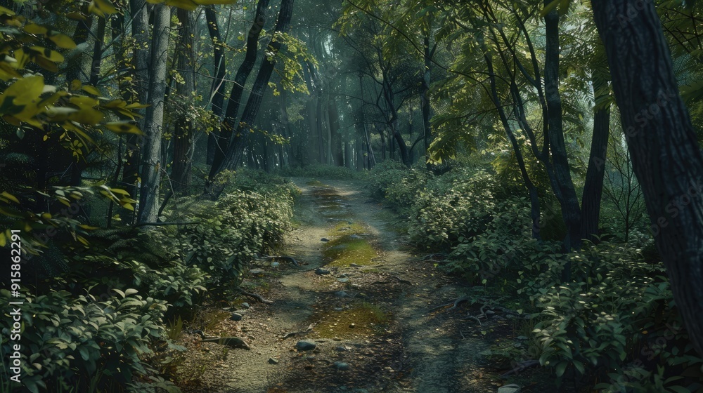 Fototapeta premium Wooded trail bordered by foliage