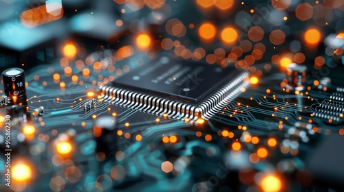 Close-Up View of a Microprocessor on a Circuit Board With Glowing Connections...