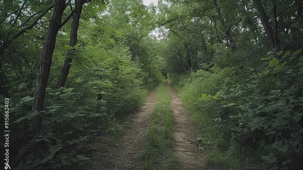 Obraz premium Wooded trail bordered by foliage