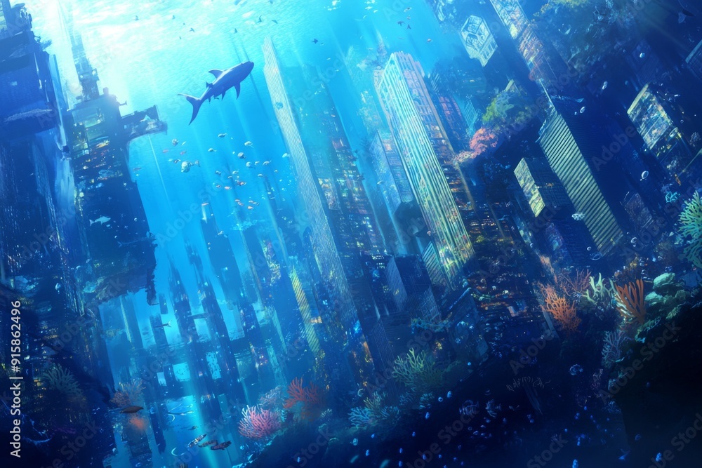 Obraz premium Underwater Anime Metropolis: Coral Cityscape with Towering Coral Skyscrapers, a Dazzling Submerged Urban Fantasy World,Abstract concepts, game concept art, storybook illustrations, comic strips