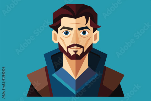 A stylized male character with brown hair and a beard is depicted wearing a blue hooded garment, set against a solid turquoise background