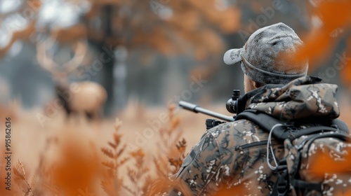 Hunter Walking Through Autumn Forest With Backpack and Rifle