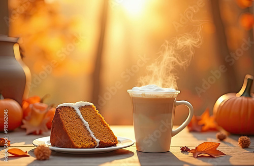 Pumpkin pie with latte coffee and copy space photo