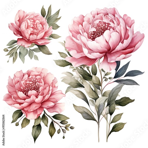 Fototapeta Naklejka Na Ścianę i Meble -  Watercolor illustration of three pink peonies with green leaves.