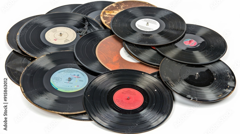 A collection of old vinyl records lies scattered, revealing their diverse labels and weathered condition A collection of old vinyl records lies scattered, revealing their diverse labels and weathered condition