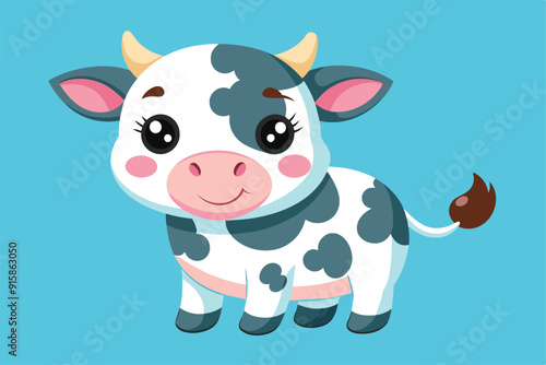 A cute and cuddly dairy cow features a tiny pink nose while standing cheerfully against a vibrant blue background