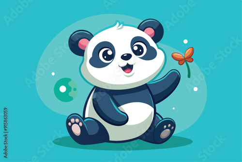 A playful baby panda happily reaches out to interact with a gentle butterfly in a vibrant, cheerful setting