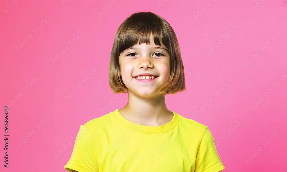 Smiling young girl with a bob haircut wearing a yellow shirt, standing against a pink background
Smiling young girl with a bob haircut wearing a yellow shirt, standing against a pink background