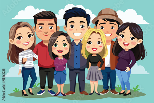 A cheerful group of friends stands together, smiling and enjoying a sunny day, captured in a colorful and playful cartoon style illustration