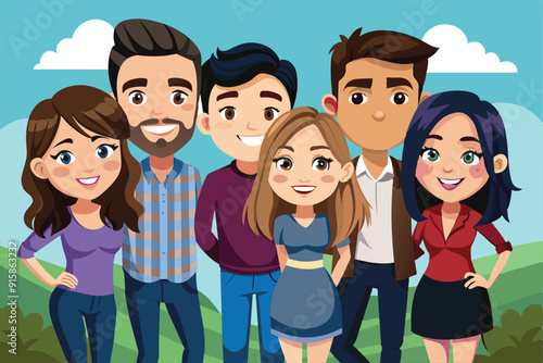 A vibrant cartoon illustration showing six friends joyfully posing outdoors amidst a beautiful green landscape