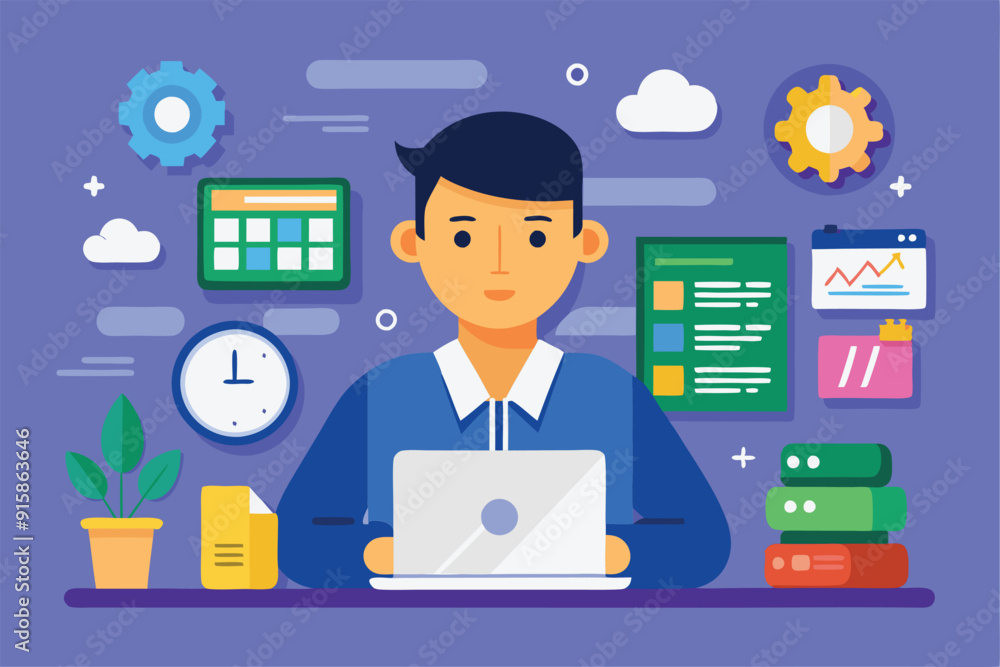 A young professional focuses on their laptop while surrounded by office tools, plants, and organizational charts in a vibrant workspace A young professional focuses on their laptop while surrounded by office tools, plants, and organizational charts in a vibrant workspace