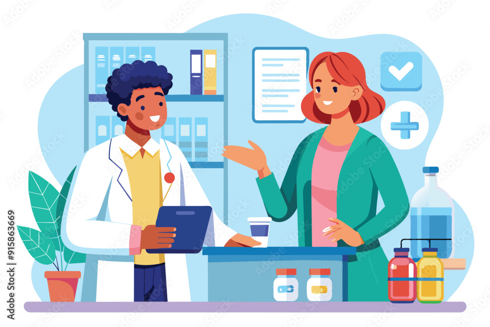 A doctor is explaining medication options to a patient in a bright, friendly clinic during a consultation A doctor is explaining medication options to a patient in a bright, friendly clinic during a consultation