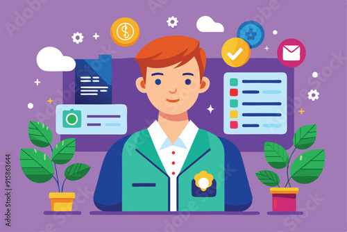 A professional admin organizes various digital tasks while surrounded by plants, icons, and documents in a vibrant, semi-flat illustration