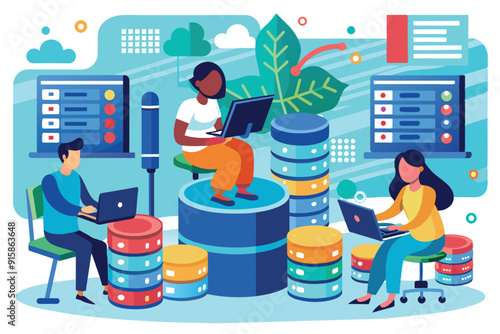Three database administrators work collaboratively, analyzing and organizing data on laptops while surrounded by colorful data storage units