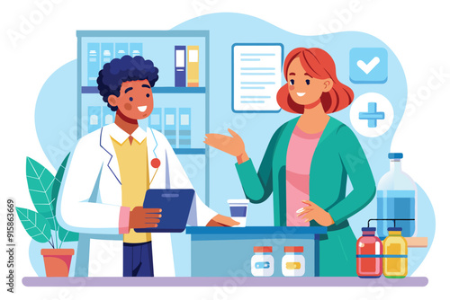A doctor is explaining medication options to a patient in a bright, friendly clinic during a consultation