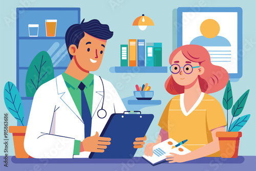 A doctor discusses a prescription with a patient, providing guidance on medication in a cheerful medical office environment