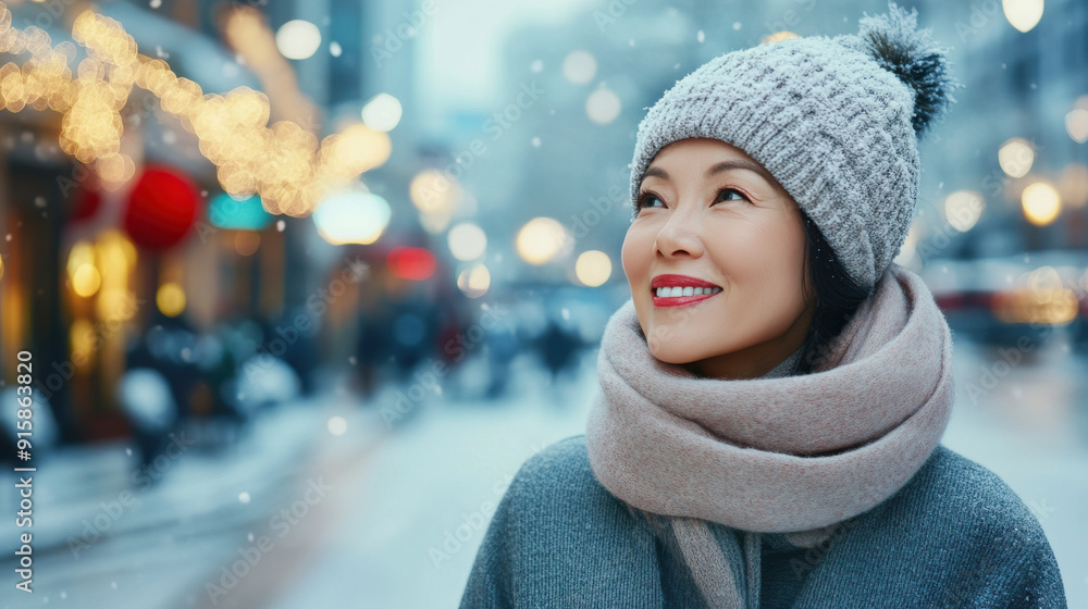 Happy mature Asian woman enjoying winter in the city Happy mature Asian woman enjoying winter in the city