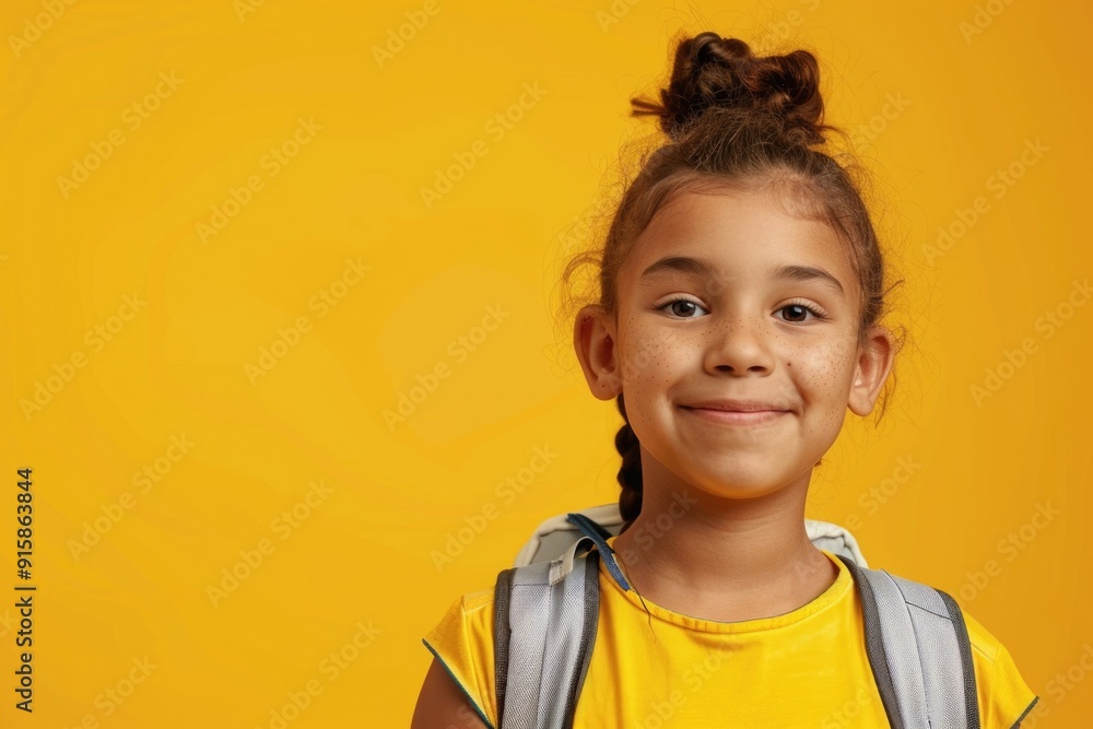 A young girl wearing a backpack, ready for an adventure A young girl wearing a backpack, ready for an adventure