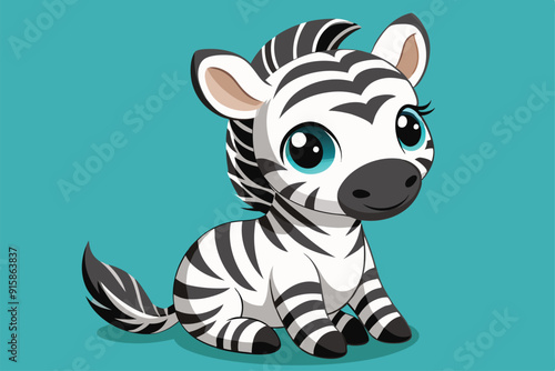 An adorable baby zebra sits contentedly on a bright background, showcasing its distinctive stripes and playful demeanor