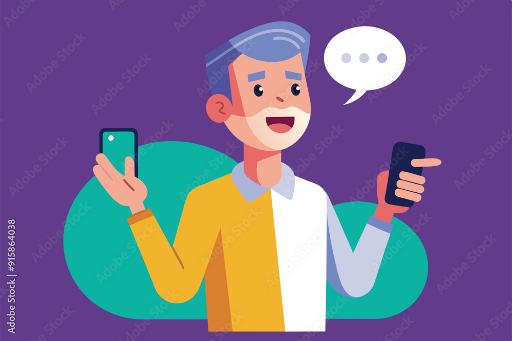 A cheerful adult is conversing while holding two cell phones, showcasing a modern and tech-savvy lifestyle A cheerful adult is conversing while holding two cell phones, showcasing a modern and tech-savvy lifestyle