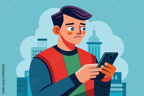 An adult is focused on their cell phone, appearing concerned, with a city skyline in the background