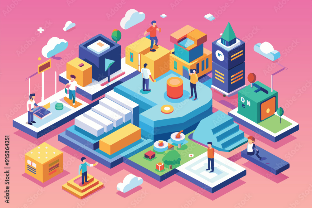 People are interacting in a lively urban setting, participating in various activities within a customizable isometric landscape People are interacting in a lively urban setting, participating in various activities within a customizable isometric landscape