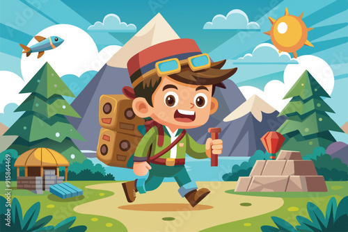 A cheerful young explorer runs through a vibrant mountain landscape, ready for adventure with his backpack and map in hand