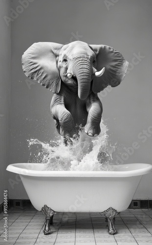 A humorous and surreal image of a playful elephant mid-jump into a bathtub. The scene is whimsical and imaginative, evoking feelings of fun and surprise. photo