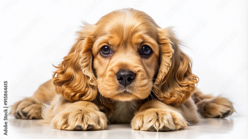 Adorable furry cocker spaniel puppy with floppy ears and big brown eyes lies on its side, showcasing its soft, curly coat and sweet expression. Adorable furry cocker spaniel puppy with floppy ears and big brown eyes lies on its side, showcasing its soft, curly coat and sweet expression.