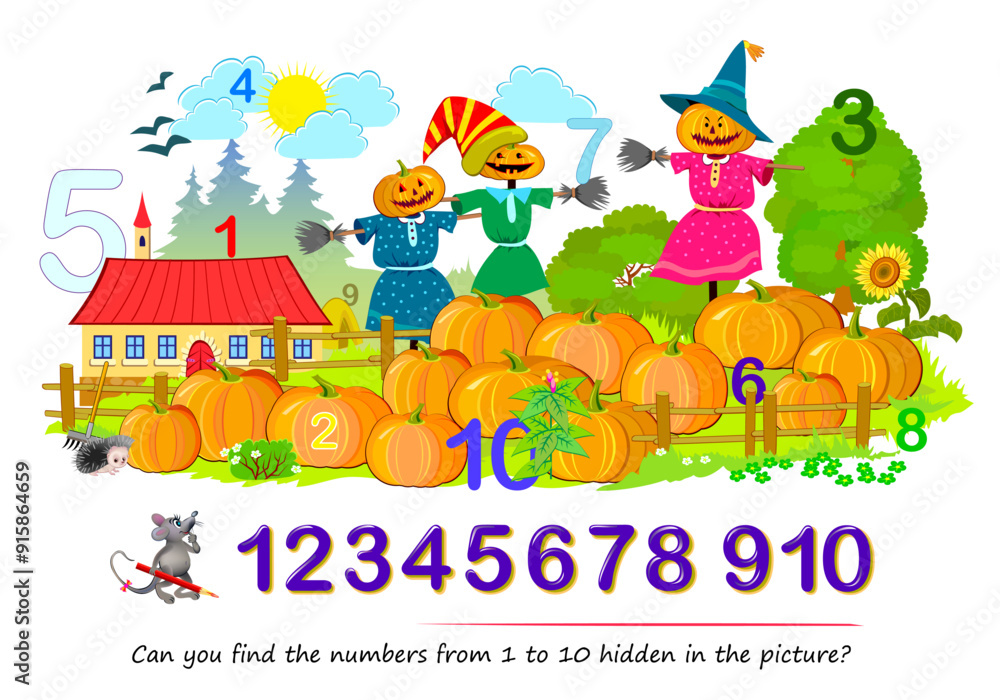 Can you find the numbers from 1 to 10 hidden in the picture? Logic puzzle game. Math education for young children. Developing counting skills. IQ test. Vector image. Printable worksheet for kids. Can you find the numbers from 1 to 10 hidden in the picture? Logic puzzle game. Math education for young children. Developing counting skills. IQ test. Vector image. Printable worksheet for kids.