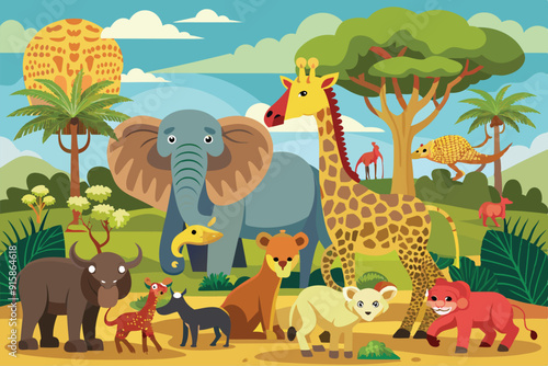 A diverse assembly of African animals convenes around a lush habitat, showcasing native species in their natural environment on a bright day