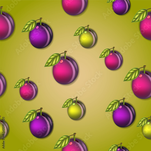 Multicolored plums on a green background. Seamless pattern,