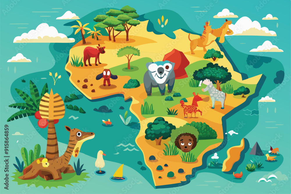 Naklejka premium A whimsical illustration showcases Africa, with cartoon animals and diverse landscapes highlighting the continent's rich wildlife