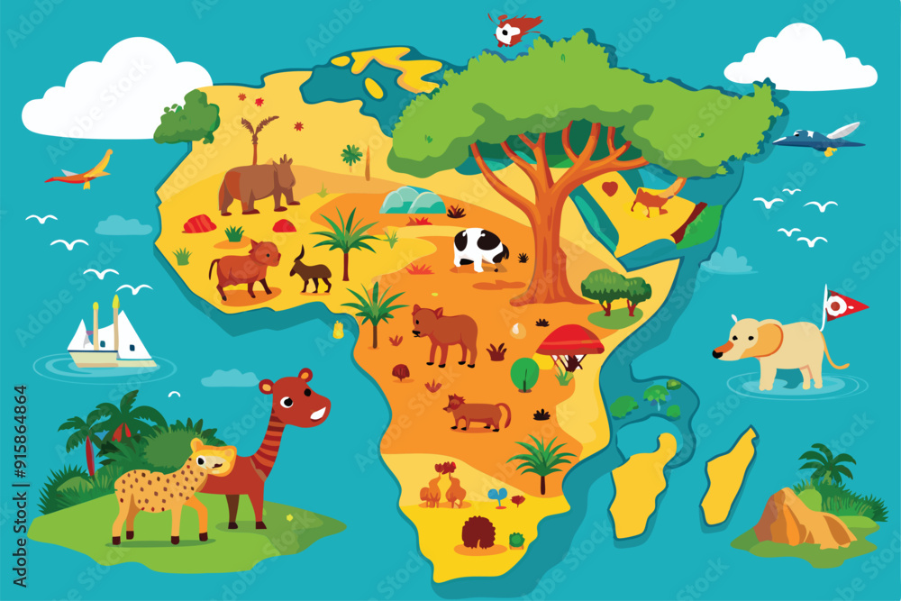 Naklejka premium A colorful map of Africa showcases cartoon animals, highlighting the continent's diverse wildlife and natural landscapes in an engaging way