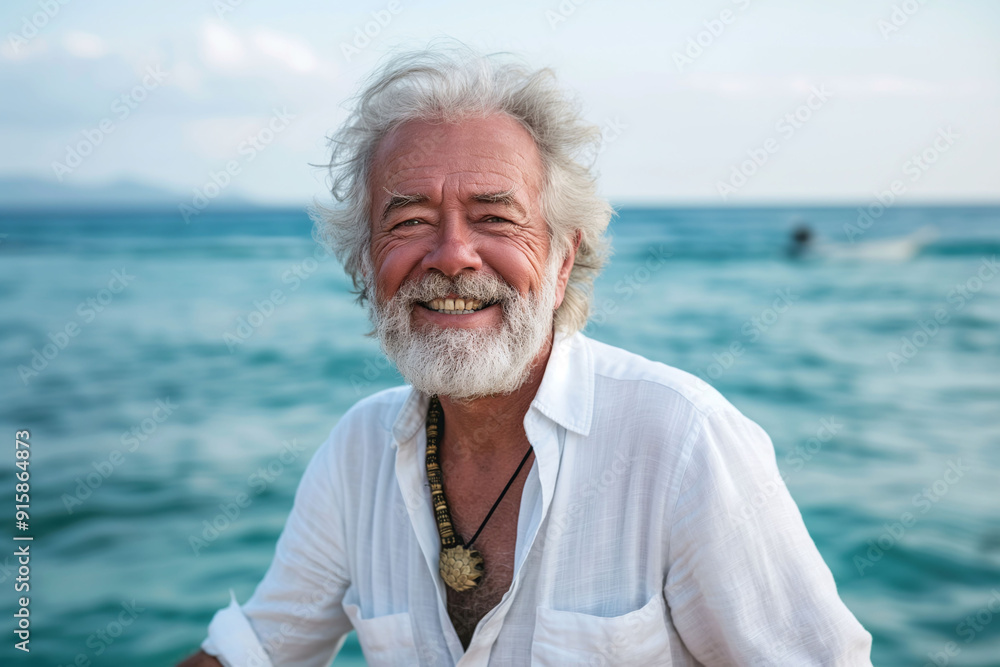 A cheerful elderly man with a white beard and white shirt, enjoying a peaceful moment by the sea, exuding joy and contentment A cheerful elderly man with a white beard and white shirt, enjoying a peaceful moment by the sea, exuding joy and contentment