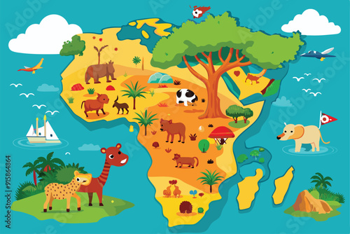 A colorful map of Africa showcases cartoon animals, highlighting the continent's diverse wildlife and natural landscapes in an engaging way